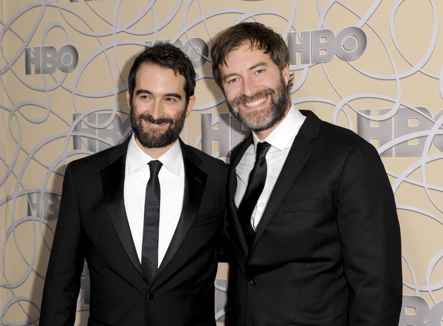 FILE - In this Jan. 8, 2017 file photo, Indie filmmakers Jay Duplass, left, and Mark Duplass arrive at the HBO Golden Globes afterparty in Beverly Hills, Calif. The brothers have written a memoir called “Like Brothers.” It mixes autobiography, movie-making advice, observational comedy, old scripts and emails, and tips on keeping friendships in business. (Photo by Richard Shotwell/Invision/AP, File)