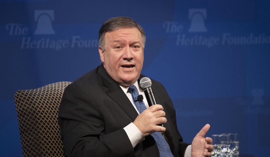 Secretary of State Mike Pompeo speaks at the Heritage Foundation, a conservative public policy think tank, in Washington, Monday, May 21, 2018. Pompeo issued a steep list of demands Monday that he said should be included in a nuclear treaty with Iran to replace the Obama-era deal, threatening &amp;quot;the strongest sanctions in history&amp;quot; if Iran doesn&#39;t change course.  (AP Photo/J. Scott Applewhite)