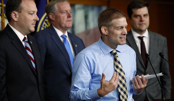 Rep. Jim Jordan, R-Ohio, speaks next to Rep. Lee Zeldin, R-N.Y., left, Rep. Mark Meadows, R-North Carolina, and Rep. Matt Gaetz, R-Fla., during a news conference with House members, where they called for a second prosecutor to investigate the Dept. of Justice and FBI, Tuesday, May 22, 2018, on Capitol Hill in Washington. (AP Photo/Jacquelyn Martin)