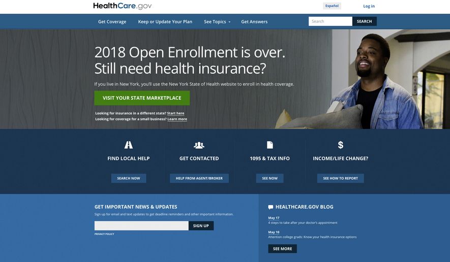 This screen grab shows the main page of the healthcare.gov website in Washington, on Monday, May 21, 2018. A major government survey finds that the U.S. clung to its health insurance gains last year, a surprise after President Donald Trump's repeated attempts to dismantle Obamacare. The survey from the Centers for Disease Control and Prevention is out May 22, and finds that 9.1 percent of Americans were uninsured in 2017, or a little more than 29 million people. (HealthCare.gov via AP)