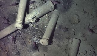 This November 2015 photo released Monday, May 21, 2018, by the Woods Hole Oceanographic Institution shows cannons from the 300-year-old shipwreck of the Spanish galleon San Jose on the floor of the Caribbean Sea off the coast of Colombia. New details about the discovery were released Monday with permission from the agencies involved in the search, including the Colombian government. Experts believe the ship&#39;s treasure is worth billions of dollars today. (Woods Hole Oceanographic Institution via AP)