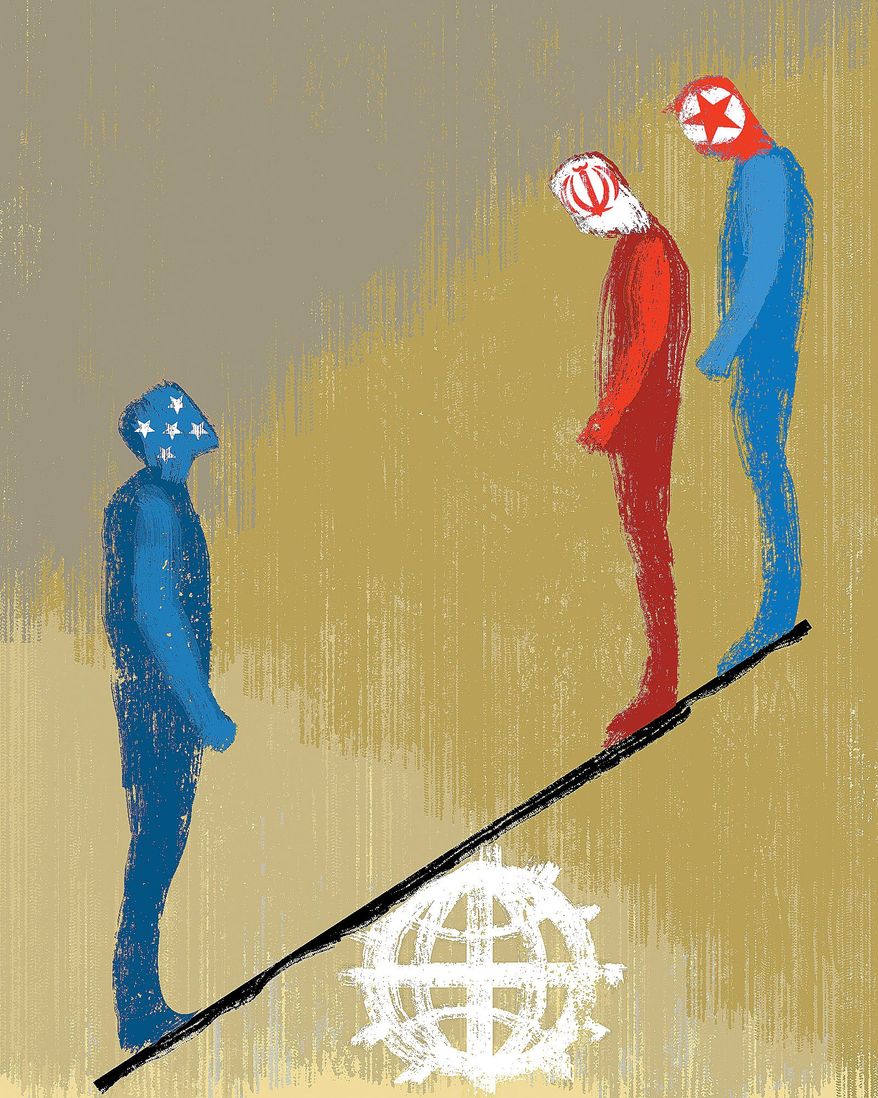 Illustration on U.S. leverage with North Korea and Iran by Linas Garsys/The Washington Times