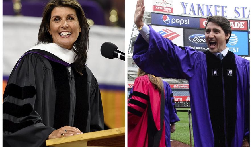 United Nations Ambassador Nikki Haley, left, gives the 2018 Commencement speech May 10, 2018, in Clemson, S.C., and Prime Minister Justin Trudeau takes part in the procession prior to delivering the commencement address to New York University graduates at Yankee Stadium in New York on May 16, 2018. (AP Photo/The Canadian Press)