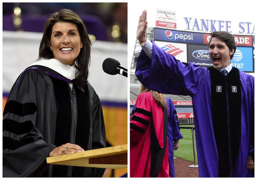 United Nations Ambassador Nikki Haley, left, gives the 2018 Commencement speech May 10, 2018, in Clemson, S.C., and Prime Minister Justin Trudeau takes part in the procession prior to delivering the commencement address to New York University graduates at Yankee Stadium in New York on May 16, 2018. (AP Photo/The Canadian Press)