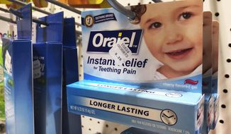 Orajel is displayed for sale in a pharmacy in New York Wednesday, May 23, 2018. The U.S. Food and Drug Administration is warning parents about potentially deadly risks of teething remedies that contain a numbing ingredient used in popular brands like Orajel. The agency on Wednesday said it wants manufacturers to stop selling products intended for babies and toddlers because the products contain a drug ingredient that can cause a rare but dangerous blood condition that interferes with normal breathing. (AP Photo/Stephanie Nano)