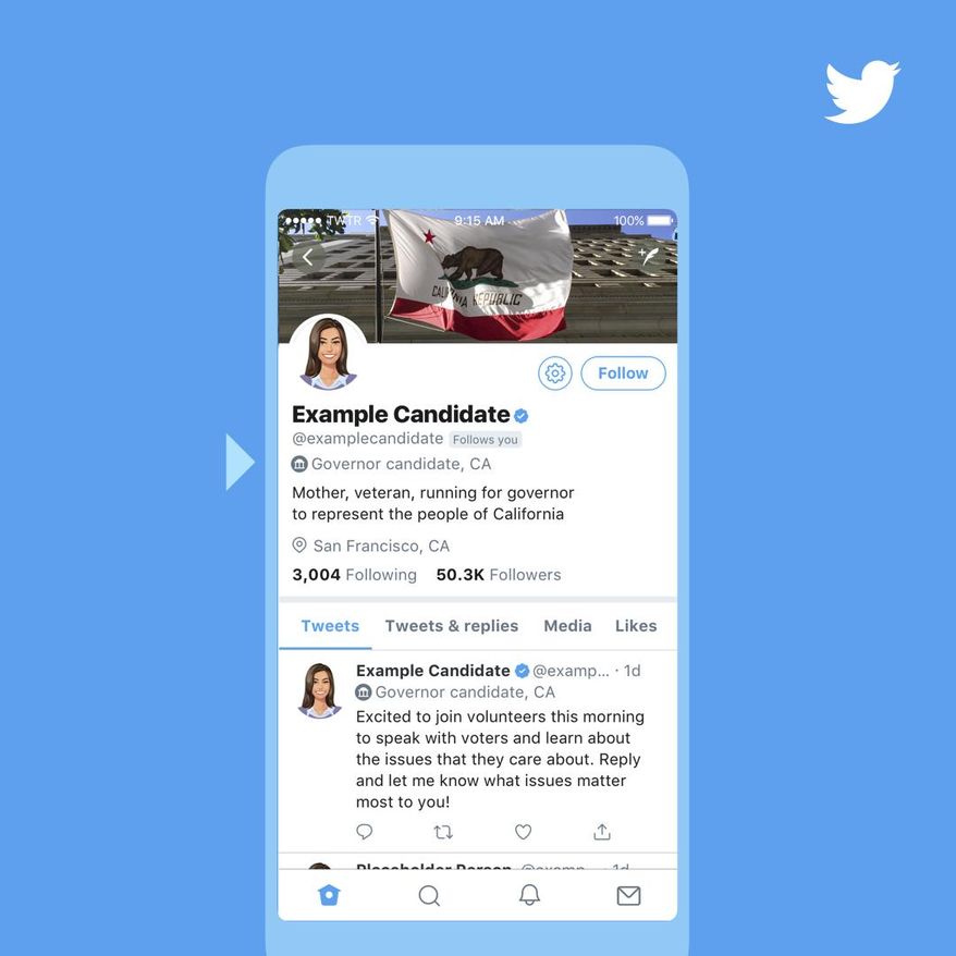 This undated image provided by Twitter shows an example of a special label that Twitter says they are adding to the accounts of and tweets from U.S. candidates ahead of this year’s midterm elections. The labels will include what office the person is running for and which state they are located in and other information. Twitter says the move is to provide users with “authentic information.” (Twitter via AP)