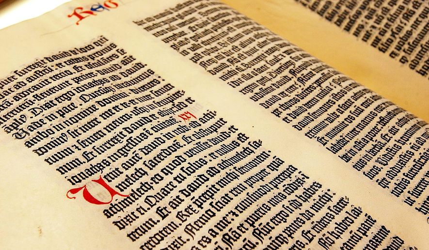 A page from a Gutenberg Bible. (The Washington Times) ** FILE **