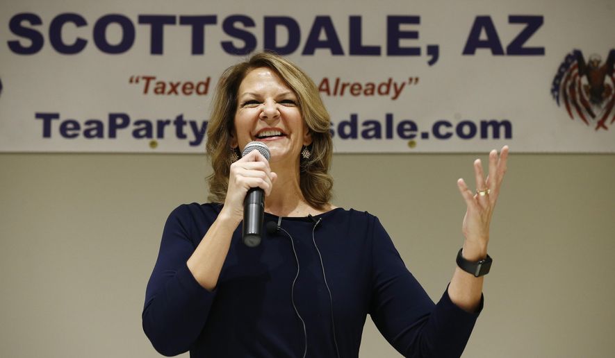 In this May 17, 2018, file photo, Republican Senate candidate Kelli Ward talks about her platform policies at a Scottsdale Tea Party event in Scottsdale, Ariz. (AP Photo/Ross D. Franklin) ** FILE **