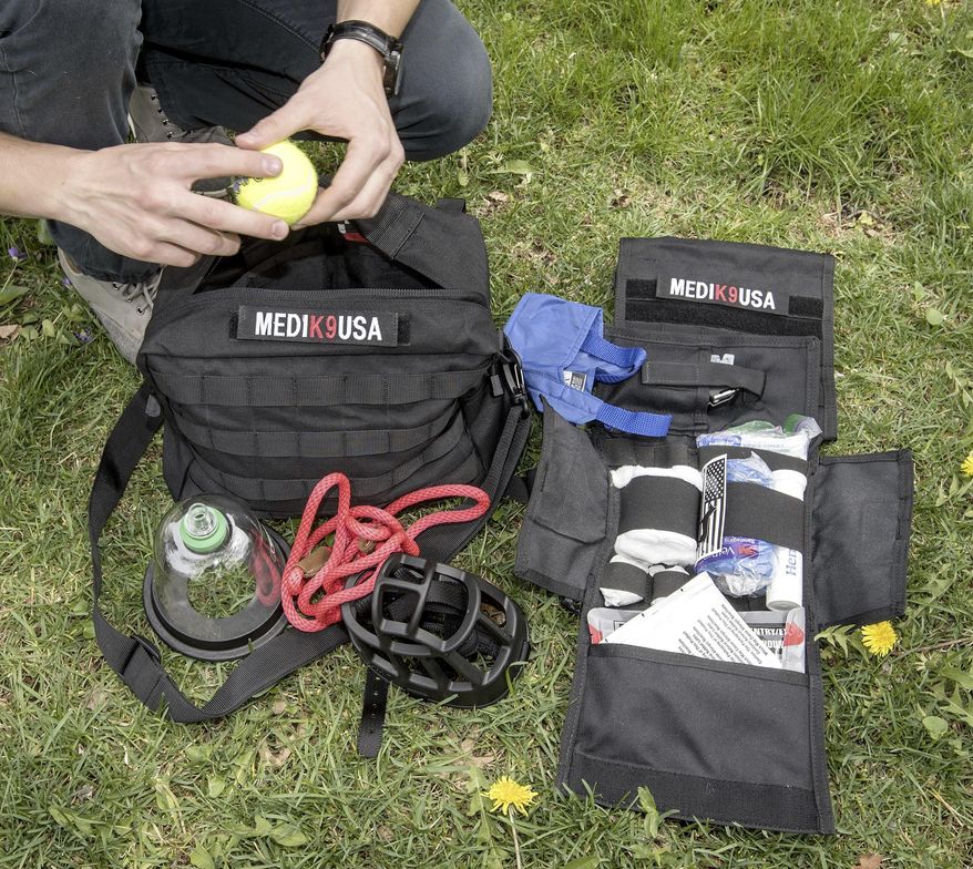 In this May 3, 2018 photo, Paul Fedyniak, who is set to graduate from UI college of veterinary medicine this month, poses with veterinary medical kits he developed for first responders to help police dogs injured in the line of duty in Urbana, Ill. Fedyniak raised donations for the kits he created for K9 units and EMS services after seeing a need for dog-specific medical supplies to help ambulances that could, potentially, transport an injured K9 unit dog to a vet hospital. He also painted dog and cat portraits to raise more money, and he hopes to form a non-profit to continue supplying these kits to police, fire departments and ambulance services after he graduates and goes to work as a veterinarian in Chicago. (Rick Danzl/The News-Gazette via AP )
