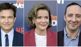 This combination photo shows, from left, Jason Bateman, Jessica Walter and Tony Hale at the &amp;quot;Arrested Development&amp;quot; season five premiere in Los Angeles on May 17, 2018.  Bateman and Hale are apologizing for comments they made in defense of their “Arrested Development” co-star Jeffrey Tambor, who was accused by Walter of verbally harassing her on set of &amp;quot;Arrested Development.&amp;quot; (Photo by Richard Shotwell/Invision/AP)