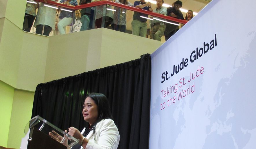 Dr. Mae Dolendo, of the Philippines, talks about the expansion of a global outreach program at St. Jude Children&#x27;s Research Hospital on Thursday, May 24, 2018, in Memphis, Tenn. The hospital said that among several other nations, it is building relations in Russia, Myanmar, Cambodia and sub-Saharan Africa. Its research has already affected the Philippines, where Dolendo treats children with cancer in Davao City on the island of Mindanao. (AP Photo/Adrian Sainz)