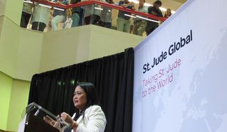 Dr. Mae Dolendo, of the Philippines, talks about the expansion of a global outreach program at St. Jude Children&#39;s Research Hospital on Thursday, May 24, 2018, in Memphis, Tenn. The hospital said that among several other nations, it is building relations in Russia, Myanmar, Cambodia and sub-Saharan Africa. Its research has already affected the Philippines, where Dolendo treats children with cancer in Davao City on the island of Mindanao. (AP Photo/Adrian Sainz)
