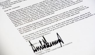A copy of the letter sent to North Korean leader Kim Jong Un from President Donald Trump canceling their planned summit in Singapore is photographed in Washington, Thursday, May 24, 2018. (AP Photo/J. David Ake