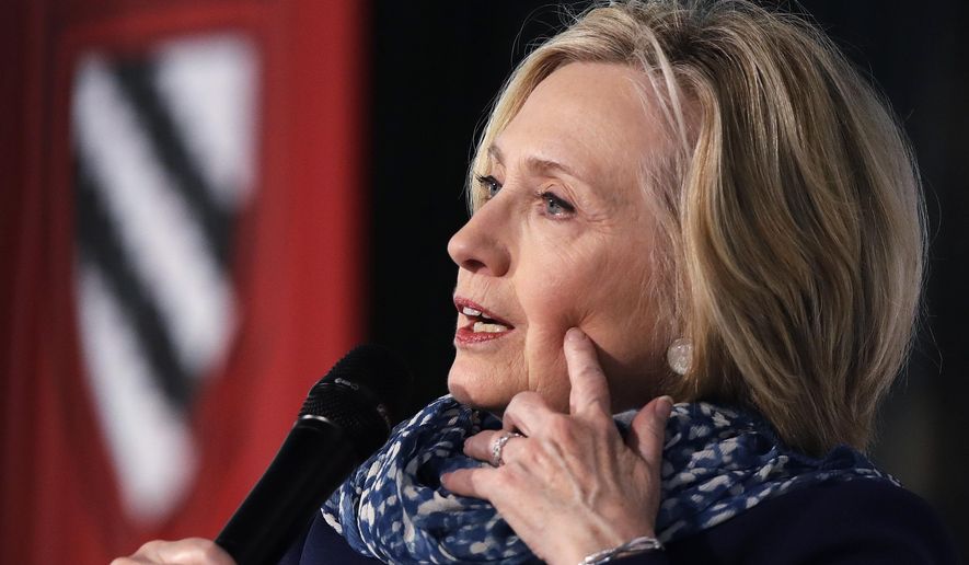 Hillary Clinton answers a question at Harvard University in Cambridge, Mass., Friday, May 25, 2018. Harvard University&#x27;s Radcliffe Institute honored Clinton with the 2018 Radcliffe Medal. (AP Photo/Charles Krupa)