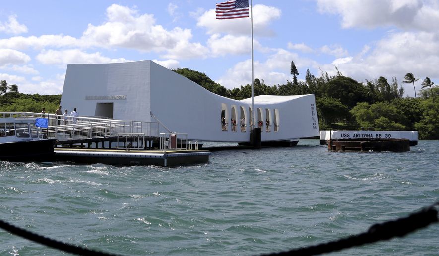 FILE - This Thursday, Sept. 21, 2017 file photo shows the USS Arizona Memorial in Pearl Harbor, Hawaii. On Friday, May 25, 2018, officials said damage to the memorial is worse than expected and it will remain closed indefinitely. (AP Photo/Caleb Jones)
