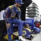 Alexander Rossi waits in the pits before a practice session for the IndyCar Indianapolis 500 auto race at Indianapolis Motor Speedway, in Indianapolis Monday, May 21, 2018. (AP Photo/Darron Cummings)