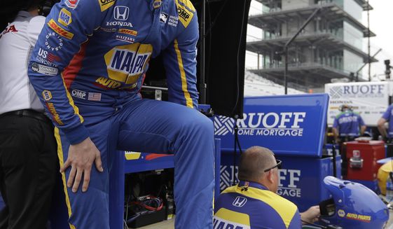 Alexander Rossi waits in the pits before a practice session for the IndyCar Indianapolis 500 auto race at Indianapolis Motor Speedway, in Indianapolis Monday, May 21, 2018. (AP Photo/Darron Cummings)