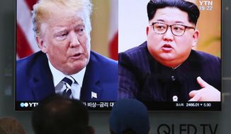 FILE - In this May 24, 2018, file photo, People watch a TV screen showing file footage of U.S. President Donald Trump, left, and North Korean leader Kim Jong Un during a news program at the Seoul Railway Station in Seoul, South Korea. Even if conciliatory rhetoric revives U.S.-North Korea summit plans, President Donald Trump and Kim Jong Un are still left with the gaping disconnect over what a deal on North Korea&#39;s nukes would look like. (AP Photo/Ahn Young-joon, File)