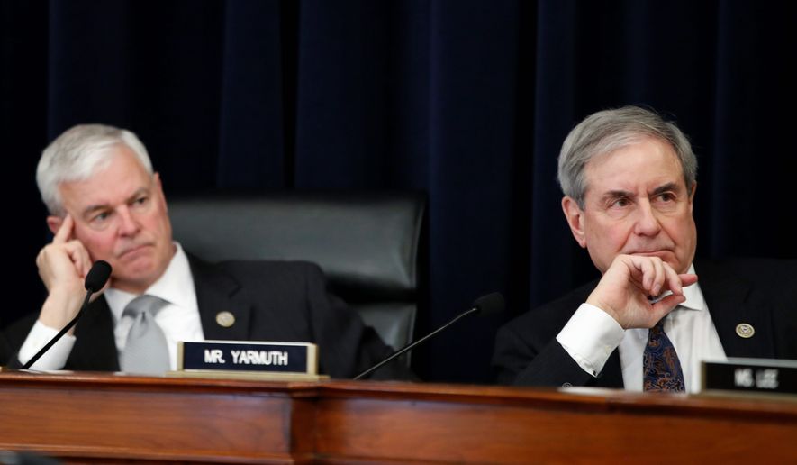 House Budget Committee Chair Rep. Steve Womack, R-Ark., left, and Ranking Member Rep. John Yarmuth, D-Ky., listen to questions as Budget Director Mick Mulvaney testifies to the House Budget Committee, Wednesday, Feb. 14, 2018, on Capitol Hill in Washington. (Associated Press) **FILE**