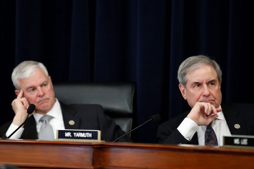 House Budget Committee Chair Rep. Steve Womack, R-Ark., left, and Ranking Member Rep. John Yarmuth, D-Ky., listen to questions as Budget Director Mick Mulvaney testifies to the House Budget Committee, Wednesday, Feb. 14, 2018, on Capitol Hill in Washington. (Associated Press) **FILE**