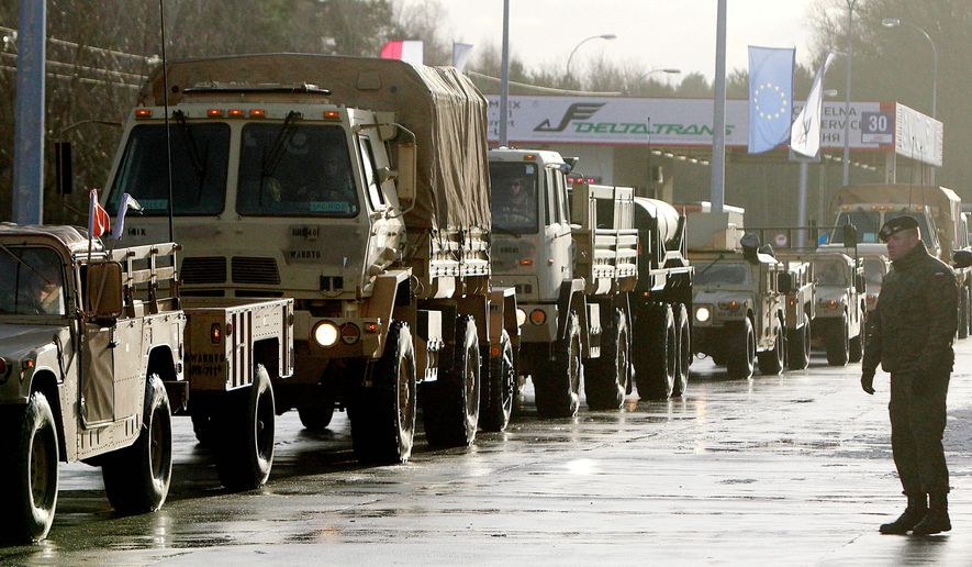 In this file photo taken Jan. 12, 2017, welcomed in Zagan, Poland, first U.S. troops are arriving at the Zagan base in western Poland as part of the deterrence force of some 1,000 troops to be based here and reassure Poland that is worried about Russia&#x27;s activity. (AP Photo/Czarek Sokolowski) ** FILE **