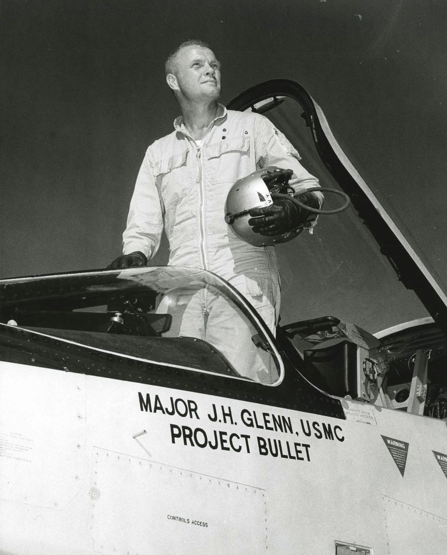 This undated image provided by the John Glenn Archives, The Ohio State University shows John Glenn. A U.S. Navy helmet worn by John Glenn during the first supersonic transcontinental flight, Project Bullet, is being sold. The late astronaut and U.S senator made the first supersonic transcontinental flight on July 16, 1957. He sped in his Vought F8U Crusader from near Los Angeles to Floyd Bennett Field in Brooklyn in a record-setting 3 hours, 23 minutes and 8.4 seconds. (John Glenn Archives, The Ohio State University via AP)