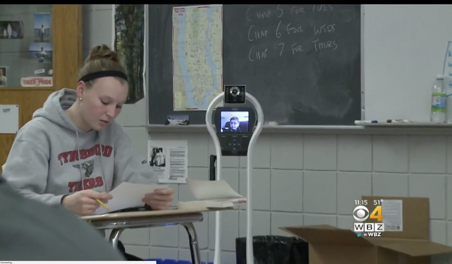 13-year-old Keegan Concannon, who has an immunodeficiency disorder and makes it to class less than half the time, won the right to use his robot as part of a settlement under the Americans with Disabilities Act. (WBZ-TV screenshot)
