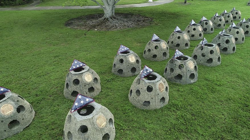 This Sunday, May 27, 2018, photo provided by Eternal Reefs shows a part of the On Eternal Patrol Memorial Reef in Sarasota, Fla., that will be installed on the ocean floor about 9 miles off the coast of Sarasota. The monument will honor more than 4,000 officers and crew members who have died while serving aboard American military submarines since 1900. Subtropical Storm Alberto’s crossing of the Gulf of Mexico delayed the installation of the first ball Monday. (LSK Drones/EternalReefs.com via AP)