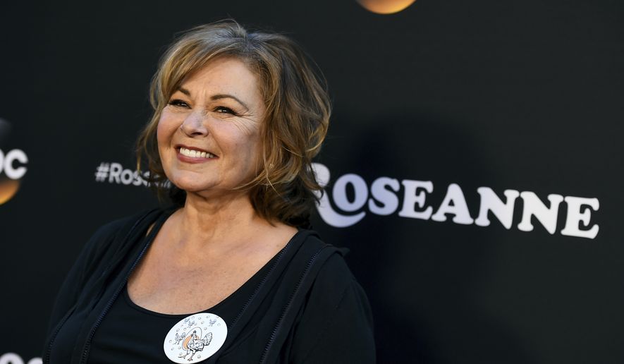 In this March 23, 2018, file photo, Roseanne Barr arrives at the Los Angeles premiere of &quot;Roseanne&quot; on Friday in Burbank, Calif. Barr has apologized for suggesting that former White House adviser Valerie Jarrett is a product of the Muslim Brotherhood and the “Planet of the Apes.” Barr on Tuesday, May 29, tweeted that she was sorry to Jarrett “for making a bad joke about her politics and her looks.” Jarrett, who is African-American, advised Barack and Michelle Obama. (Photo by Jordan Strauss/Invision/AP, File)