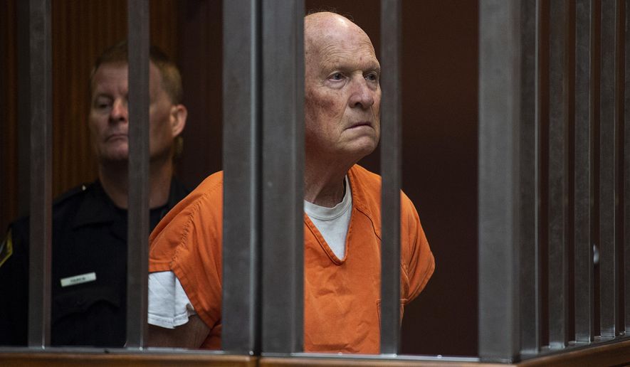 Joseph James DeAngelo stands in a Sacramento, Calif., jail court on Tuesday, May 29, 2018, as a judge weighed how much information to release about the arrest of the former police officer accused of being the Golden State Killer. He is suspected in at least a dozen killings and roughly 50 rapes in the 1970s and '80s. (Paul Kitagaki Jr./The Sacramento Bee via AP, Pool)
