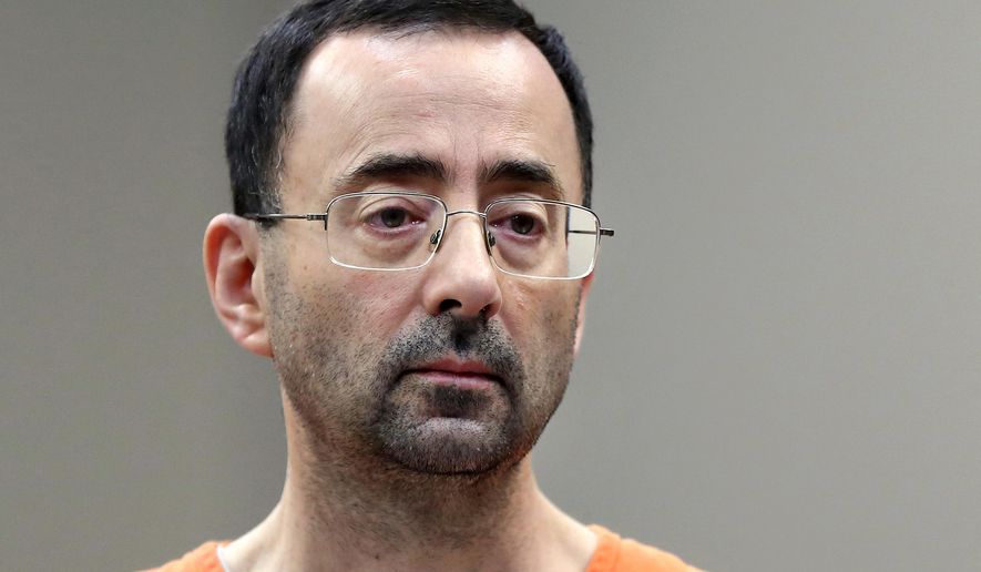 FILE - In this Nov. 22, 2017, file photo, Larry Nassar, a sports doctor accused of molesting girls while working for USA Gymnastics and Michigan State University appears in court in Lansing, Mich., where he pleaded guilty to multiple charges of sexual assault. Victims of childhood sexual assaults would have more time to sue, athletic trainers would be required to report suspected abuse and doctors would adhere to stricter rules for sensitive treatment under Larry Nassar-inspired legislation that cleared the Michigan House on Thursday, May 24, 2018. (AP Photo/Paul Sancya, File)