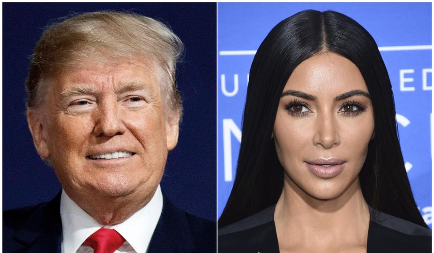 This combination photo shows President Donald Trump at a campaign rally in Moon Township, Pa., on March 10, 2018, left, and Kim Kardashian West at the NBCUniversal Network 2017 Upfront in New York on May 15, 2017. Kardashian West arrived at the White House for a meeting with presidential senior adviser Jared Kushner, the president's son-in-law. She has urged the president to pardon Alice Marie Johnson, who is serving a life sentence without parole for a nonviolent drug offense. (Photo by Evan Agostini/Invision/AP)