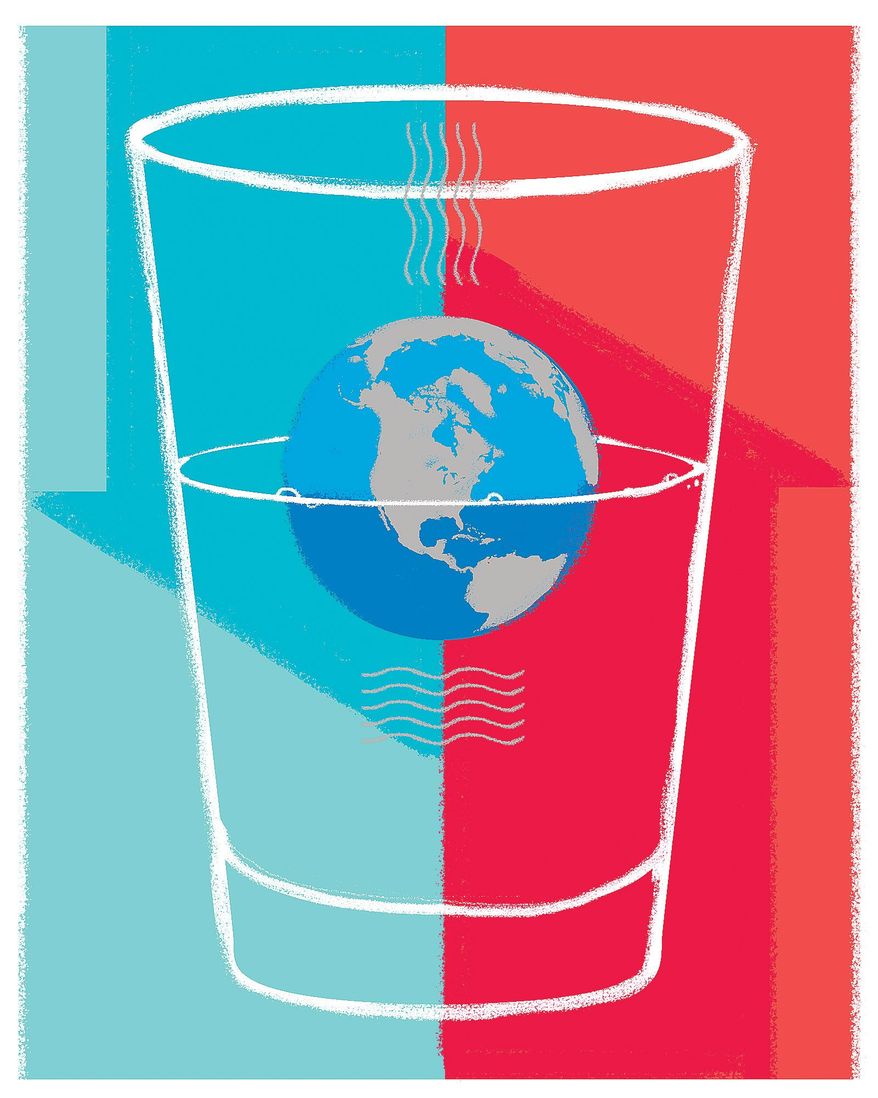 Illustration on climate change claims by Linas Garsys/The Washington Times