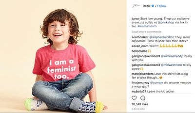 J. Crew has a new "I am a feminist too" shirt for children. The clothing company promoted the product on its Instagram page, May 25, 2018, with the message "star 'em young." (Image: Instagram, J. Crew)