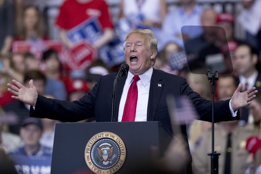President Donald Trump speaks at a rally at the Nashville Municipal Auditorium, Tuesday, May 29, 2018, in Nashville, Tenn. (AP Photo/Andrew Harnik)