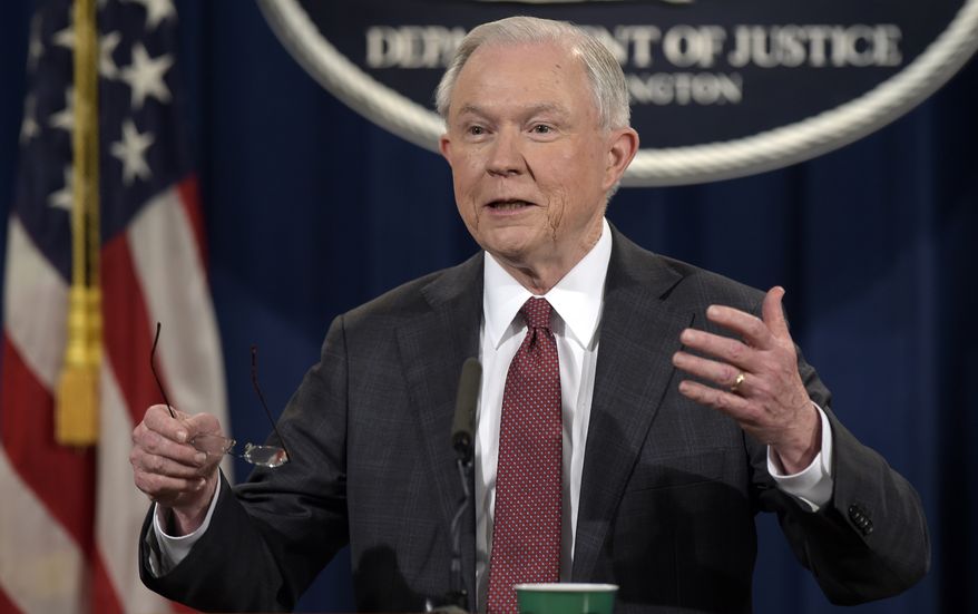 In this March 2, 2017, file photo, Attorney General Jeff Sessions speaks during a news conference at the Justice Department in Washington, where he said he will recuse himself from a federal investigation into Russian interference in the 2016 White House election. (AP Photo/Susan Walsh, File)
