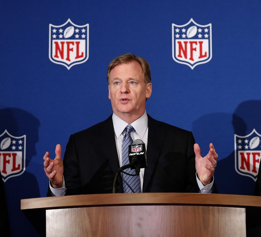 FILE - In this May 23, 2018, file photo, NFL commissioner Roger Goodell gestures while speaking during the NFL owner's spring meeting in Atlanta. A federal judge in Philadelphia heard arguments Wednesday, May 30, 2018, in the NFL's request for a special investigator to look into what the league says are fraudulent claims in a $1 billion concussion settlement. (AP Photo/John Bazemore, File)