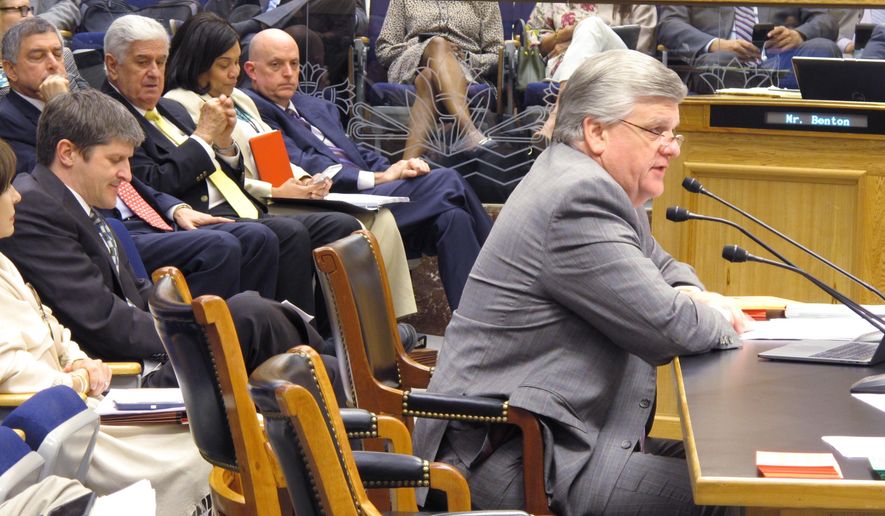House GOP leader Lance Harris, R-Alexandria, answers questions about his sales tax bill in the Senate Revenue and Fiscal Affairs Committee on Wednesday, May 30, 2018, in Baton Rouge, La. (AP Photo/Melinda Deslatte)