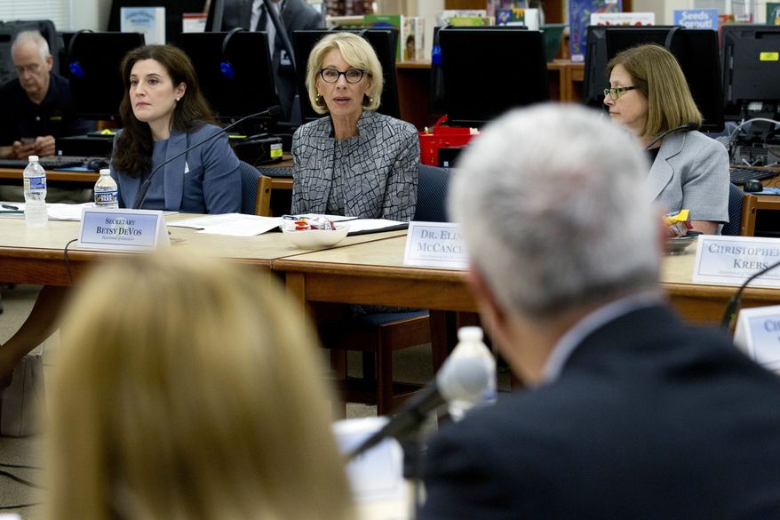Education Secretary Betsy DeVos speaks during a visit of the Federal School Safety Commission at Hebron Harman Elementary School in Hanover, Md., Thursday, May 31, 2018. (AP Photo/Jose Luis Magana)