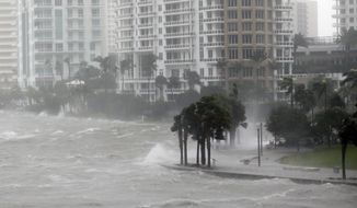 FILE- This Sept. 10, 2017 file photo shows waves crashing over a seawall at the mouth of the Miami River from Biscayne Bay, Fla., as storm surge from Hurricane Irma impacts Miami.  Florida’s governor and Legislature promised a dizzying array of fixes following the devastation of last year’s hurricanes. But heading into Friday, June 1, 2018,  start of a new storm season, the state has enacted only a few changes. (AP Photo/Wilfredo Lee)