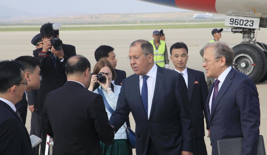 Russian Foreign Minister Sergey Lavrov, center right, shakes hands with North Korean Vice Foreign Minister Sin Hong Chol on his arrival at Pyongyang Airport, North Korea Thursday, May 31, 2018. Lavrov&#39;s visit comes ahead of a planned summit between President Donald Trump and North Korean leader Kim Jong Un and is seen as an attempt by Moscow to ensure its voice is heard in the North&#39;s diplomatic overtures with Washington, Seoul and Beijing. (AP Photo/Jon Chol Jin)