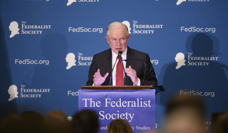 U.S. Attorney General Jeff Sessions delivers remarks as the keynote speaker at the Michigan Chapter of the Federalist Society&#x27;s Annual Dinner &amp; Grano Award Presentation at the Inn at St. John&#x27;s, in Plymouth, Mich., Thursday, May 31, 2018. (David Guralnick/Detroit News via AP)