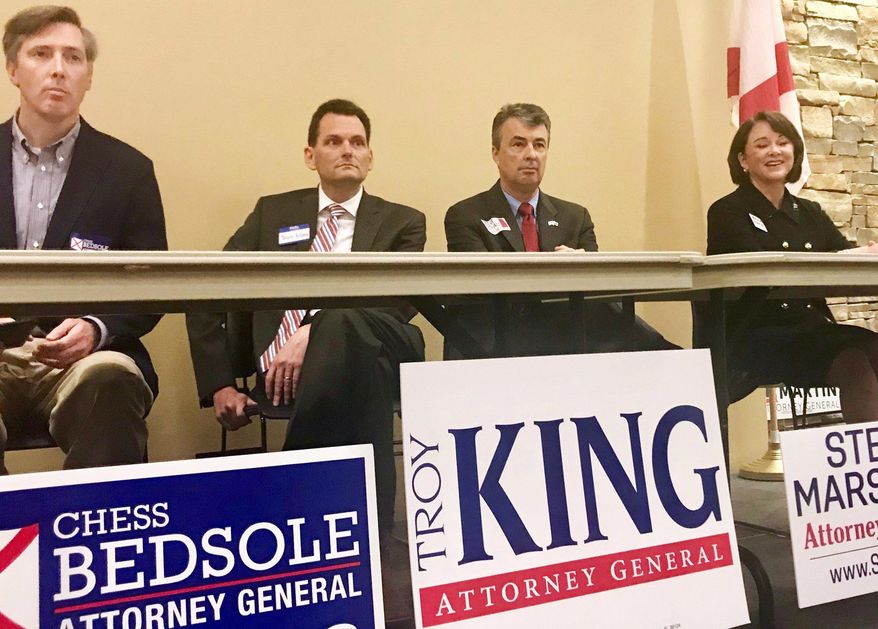 In this April 14, 2018 photo, Alabama attorney general candidates, from left, Chess Bedsole, Troy King, incumbent Steve Marshall and Alice Martin wait to speak at a forum in Vestavia Hills, Ala. The four are vying for the Republican nomination in what&#39;s become one of the state&#39;s most headed contests of the 2018 primary season. (AP Photo/Kim Chandler)