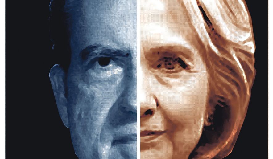 Illustration on the similarities between Watergate and Hillary Clinton&#x27;s actions surrounding the 2016 election campaign by Alexander Hunter/The Washington Times