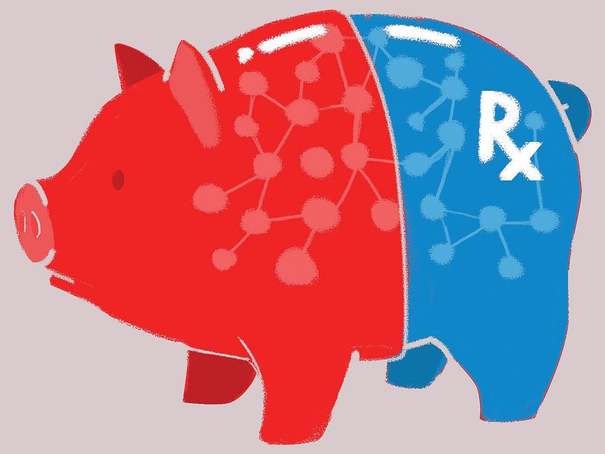 Illustration on the price of drugs under Obamacare by Linas Garsys/The Washington Times