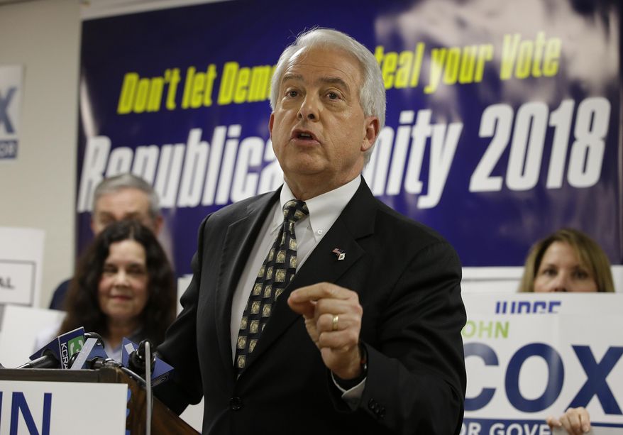 In this May 23, 2018, file photo, Republican gubernatorial candidate John Cox address supporters at the Sacramento County Republican Party headquarters in Sacramento, Calif. Tuesday's primary election will set the stage for November races for governor, Congress and the Legislature, but it will also test whether the state's vanishing Republicans have enough remaining influence to avoid another shutout at the statewide polls. Cox has the backing of President Donald Trump in his bid to qualify for a two-person runoff this fall. (AP Photo/Rich Pedroncelli, File)