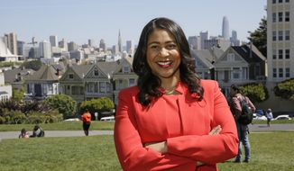 FILE - In this file photo taken Friday, April 13, 2018, San Francisco mayoral candidate and Board of Supervisors President London Breed poses for a photo at Alamo Square in San Francisco. San Francisco voters are electing a new mayor in a contest hastily placed on the June 5 ballot after the unexpected death of Mayor Ed Lee in December. San Francisco could make history by electing its first African-American woman, Asian-American woman or openly gay man for mayor. The city has enormous wealth thanks to a flourishing economy led by the tech industry, but it&#39;s also plagued by rampant homelessness. This mayor&#39;s race is the city&#39;s first competitive mayoral race in 15 years. (AP Photo/Eric Risberg, File)