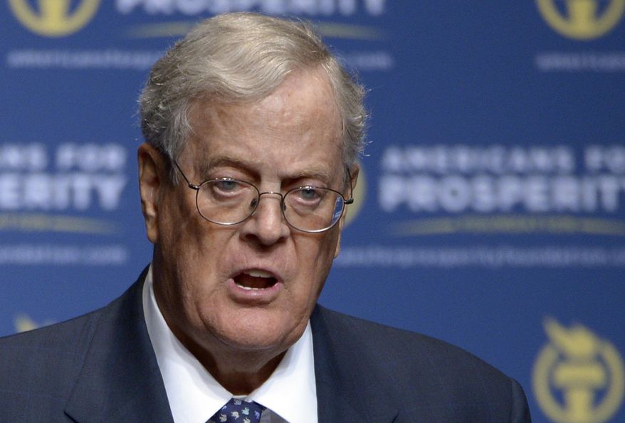 In this Aug. 30, 2013, file photo, Americans for Prosperity Foundation Chairman David Koch speaks in Orlando, Fla. Koch is stepping down from the Koch brothers network of business and political activities. The 78-year-old cited health reasons in a letter distributed to company officials on Tuesday, June 5, 2018. (AP Photo/Phelan M. Ebenhack, File)