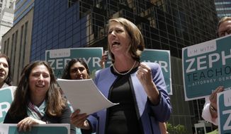 Zephyr Teachout announces her Democratic Party candidacy for the New York State attorney general race while standing across from Trump Tower, Tuesday, June 5, 2018, in New York. Teachout faces several candidates in the attorney general race, including New York City Public Advocate Letitia James. James won the endorsement of state Democrats at their convention last month. (AP Photo/Mark Lennihan) ** FILE **