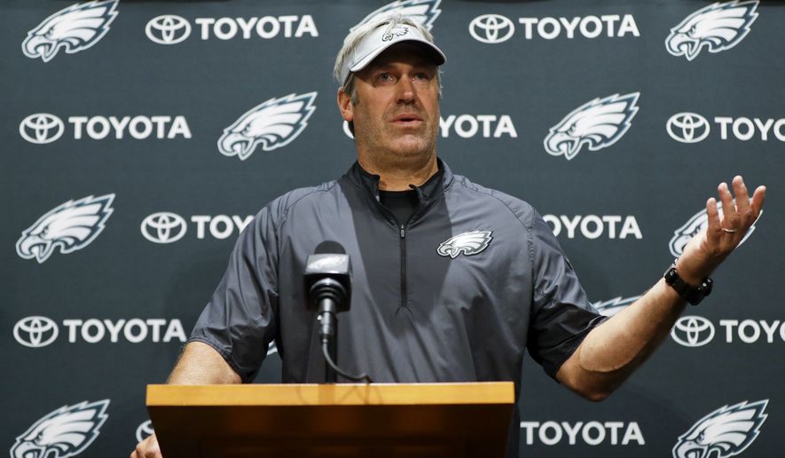 Philadelphia Eagles head coach Doug Pederson speaks to the media before practice at the NFL football team's facility, Wednesday, June 6, 2018, in Philadelphia. (AP Photo/Matt Slocum)